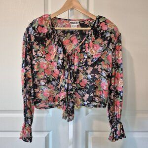 Monalisa | Vintage 80s-90s Ruffled Floral Shirt w/ Tie & Shawl Collar | S